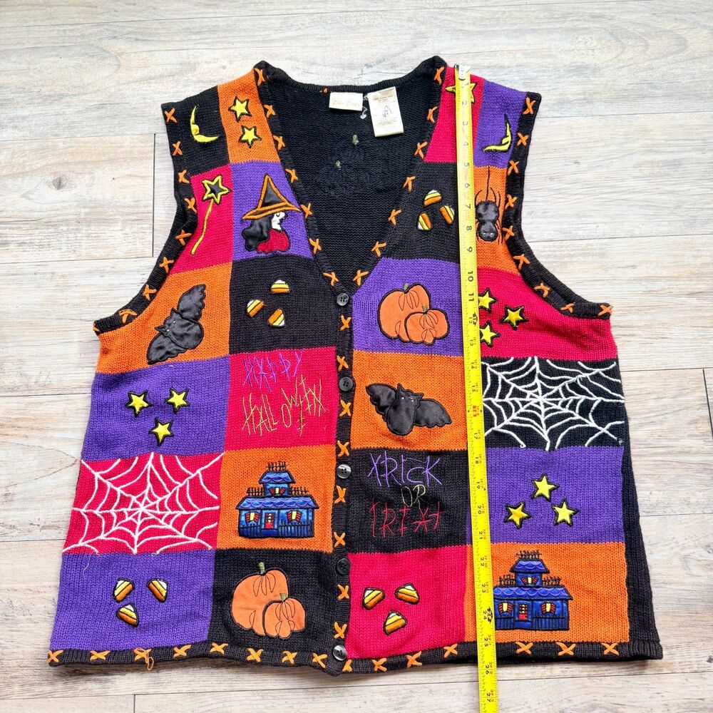 Vintage Halloween Sweater Patchwork Vest XL Witch Pumpkin Bat 90s Knit Kitschy - Picture 7 of 10